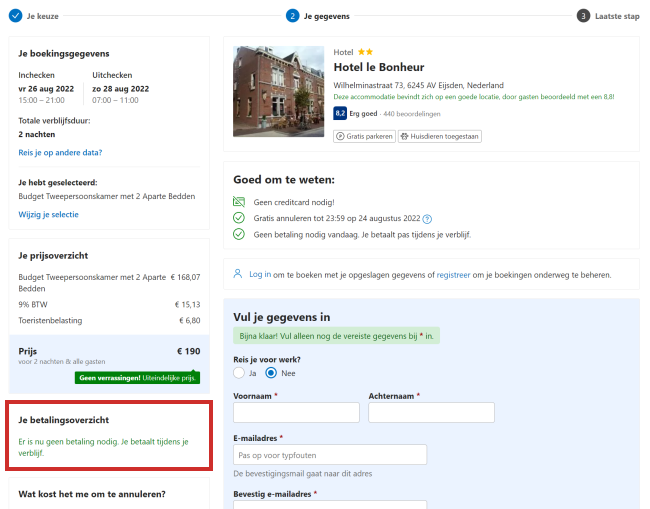Booking.com - gegevens invullen